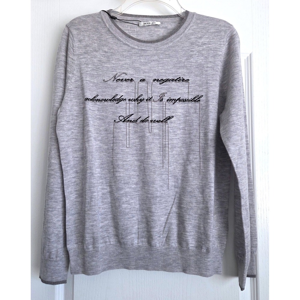Jetezo Grey Wool Graphic Saying Chain Fringe Sweater Size 42/S  NEW Korean Made